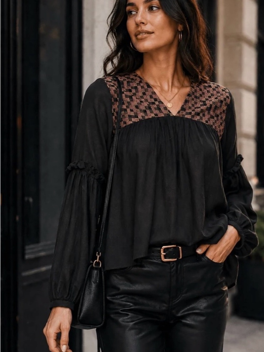 Long Sleeve V‑Neck Blouse NWT | Large • 100% Cotton • Loose Fit • Black Top